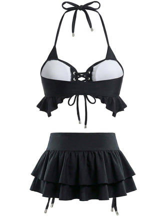 [Pre-Vendita] Set Bikini Nero con Allacciatura Halter e Copricostume a Balze Anni '50 2