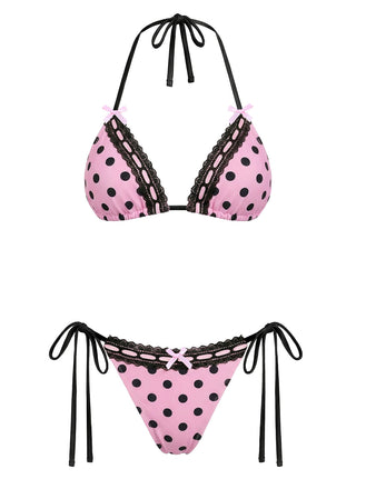 Set Bikini Rosa Anni '40 a Pois con Pizzo