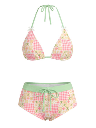 [Pre-Vendita] Set Bikini Multicolore Halter Scollo a V a Quadri e Fiori Anni '50