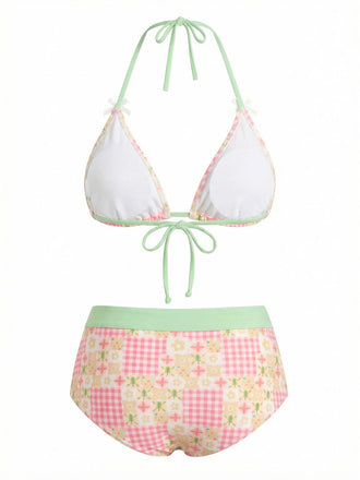 [Pre-Vendita] Set Bikini Multicolore Halter Scollo a V a Quadri e Fiori Anni '50 2