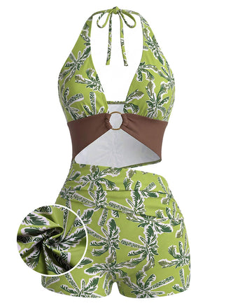 [Pre-Vendita] Costume Intero Verde con Palme Scollo Profondo e Cut-Out Anni '50
