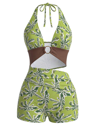 [Pre-Vendita] Costume Intero Verde con Palme Scollo Profondo e Cut-Out Anni '50 2