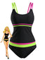 Set Tankini Nero Anni '40 Neon Colorblock con Doppia Spalline