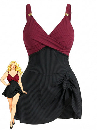 [Taglie Forti] Color Block Ribbed Costume Intero Anni '30