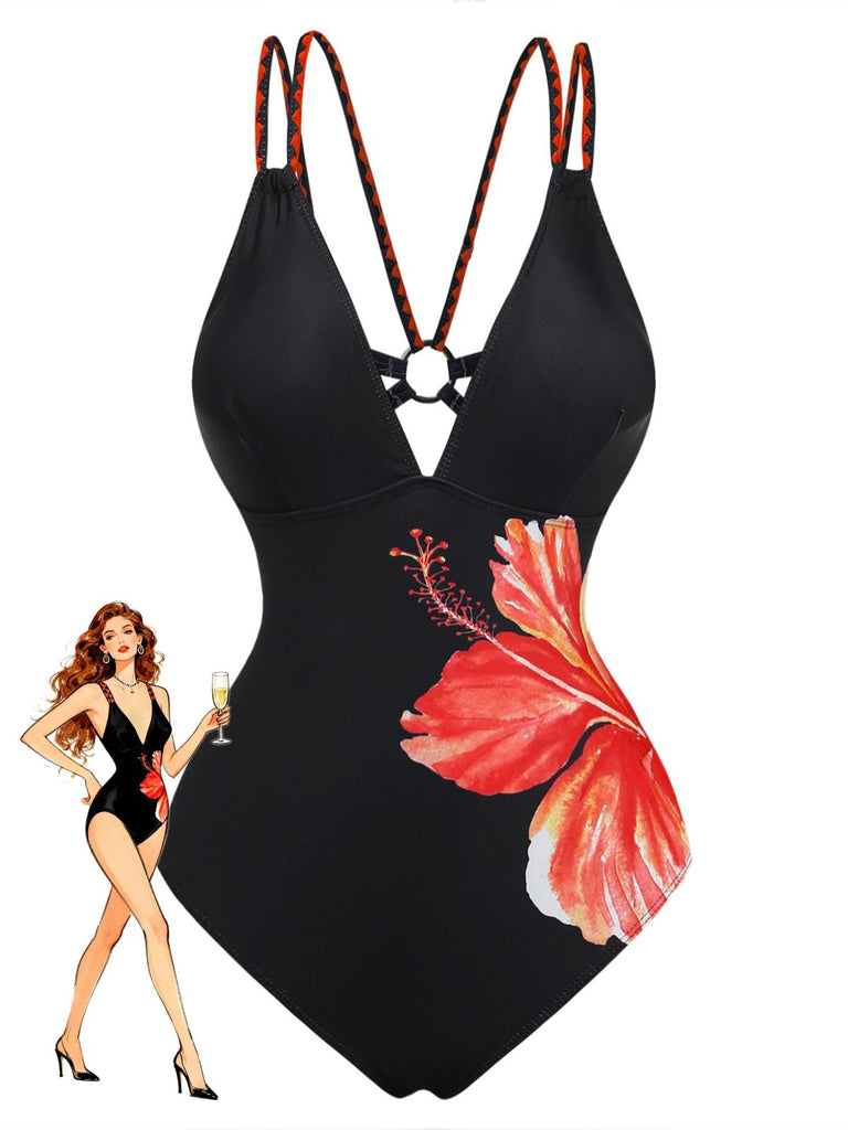Floreale Deep V Double con Bretelle Costume Intero Nero Anni '50