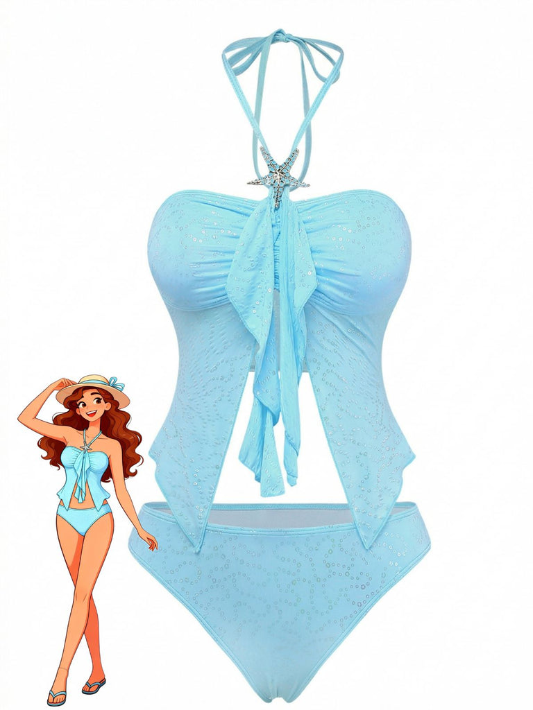 con Allacciatura al Collo con Volant con Fiocco Glitter Tankini Set Azzurro Cielo Anni '50