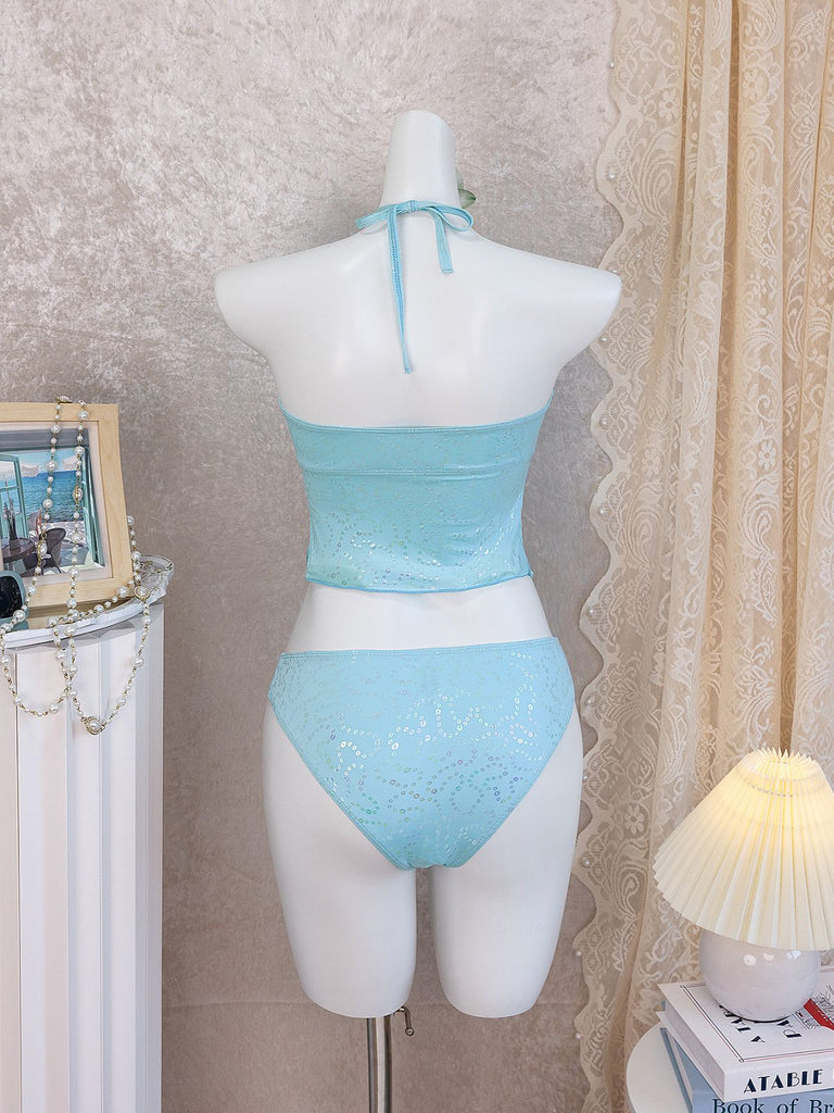 Sky Blue 1950s Halter Ruffle Bow Tankini Set 5