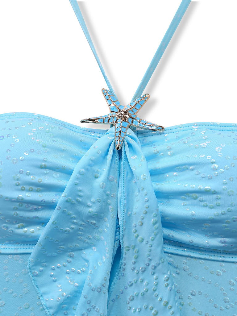 Sky Blue 1950s Halter Ruffle Bow Tankini Set 8