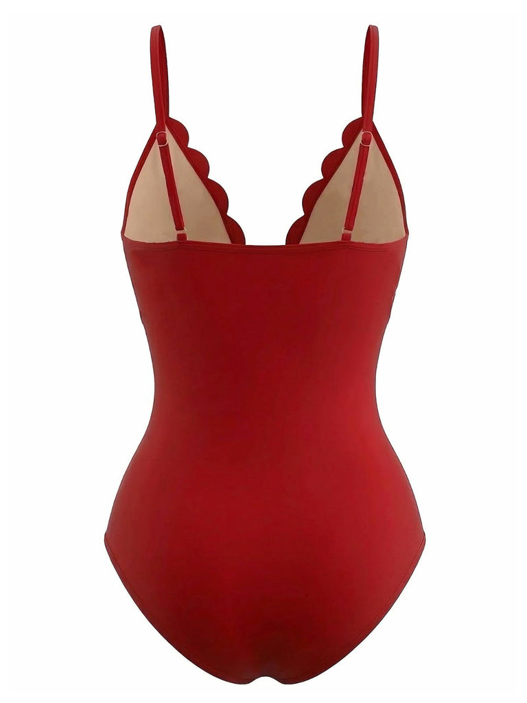 Costume da Bagno Rosso Tinta Unita Burnout Petal con Colletto Anni '50 3