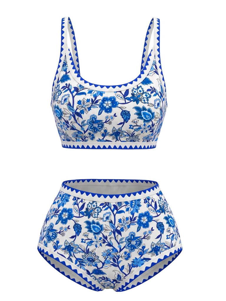 Set Bikini Anni '50 Floreale a Vita Alta con Scollo Rotondo