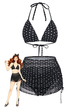 Pois con Allacciatura al Collo Set Bikini & Cover-Up Nero Anni '50
