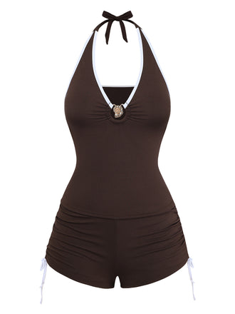 Set Tankini Caffè Halter con Coulisse e Arricciatura Anni '50