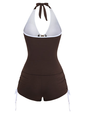 Set Tankini Caffè Halter con Coulisse e Arricciatura Anni '50 2