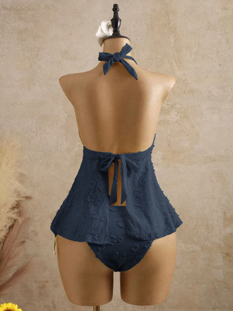 Set Tankini Nero Anni '50 Testurizzato Floreale Con Scollo All'americana