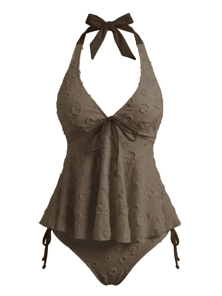 Set Tankini Nero Anni '50 Testurizzato Floreale Con Scollo All'americana