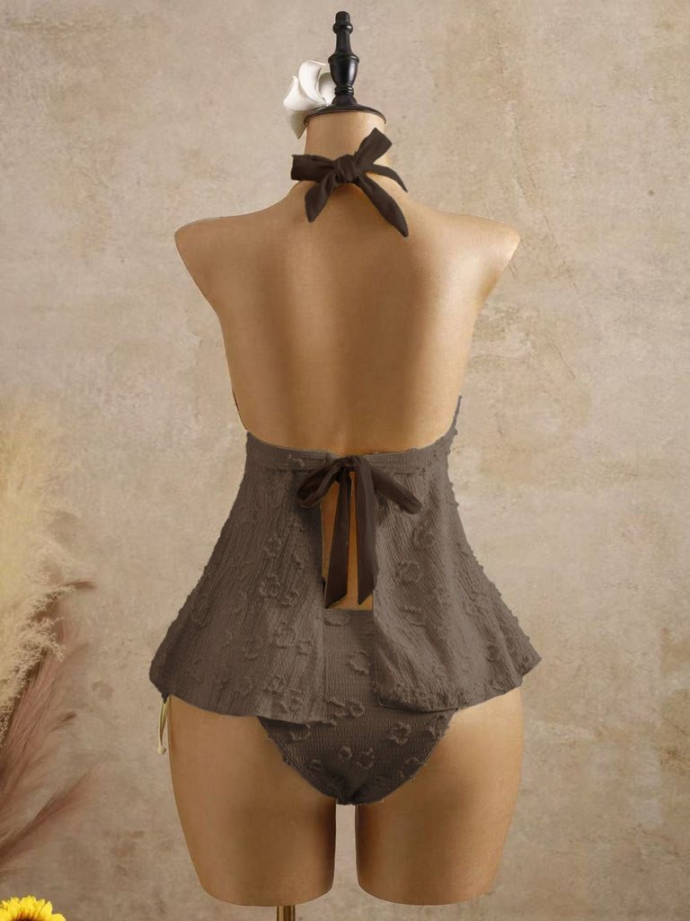 Set Tankini Nero Anni '50 Testurizzato Floreale Con Scollo All'americana