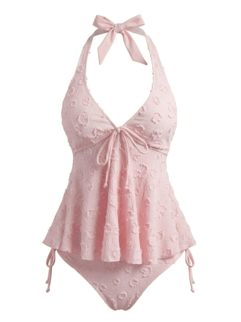 Set Tankini Nero Anni '50 Testurizzato Floreale Con Scollo All'americana