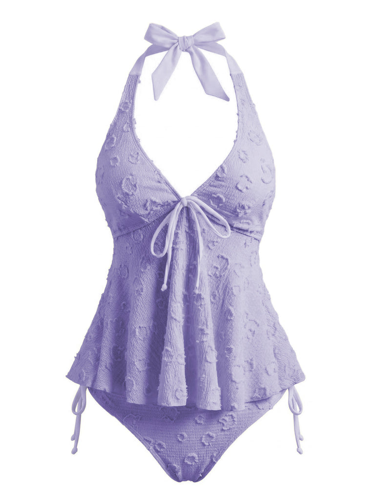 Set Tankini Nero Anni '50 Testurizzato Floreale Con Scollo All'americana