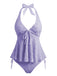 Set Tankini Nero Anni '50 Testurizzato Floreale Con Scollo All'americana