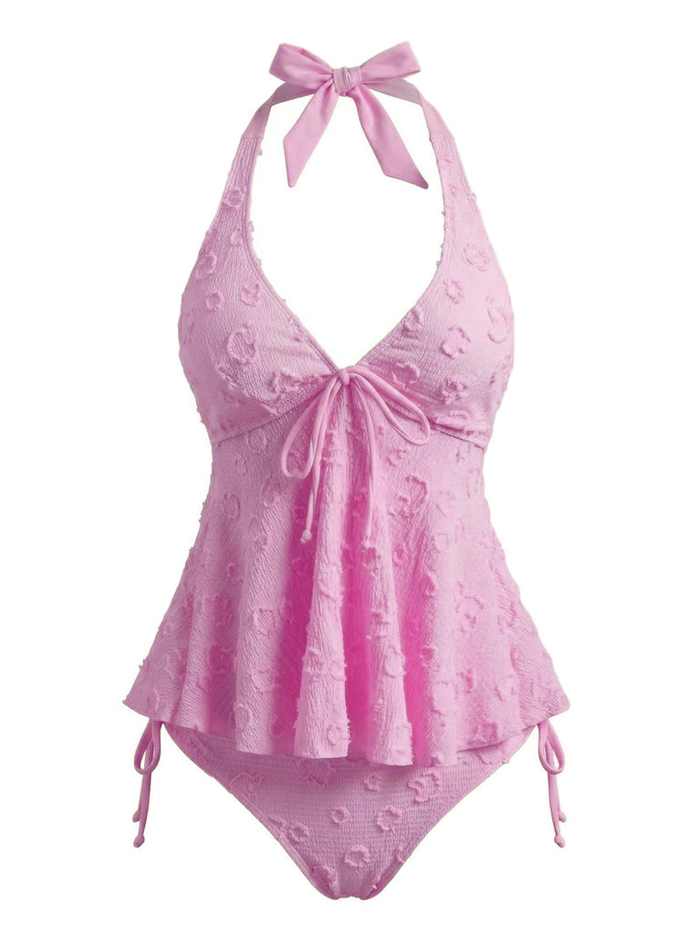 Set Tankini Nero Anni '50 Testurizzato Floreale Con Scollo All'americana