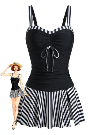 Set Tankini Nero a Righe Color Block con Arricciatura Anni '50