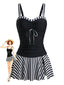 Set Tankini Nero Anni '50 a Righe Color Block con Arricciatura