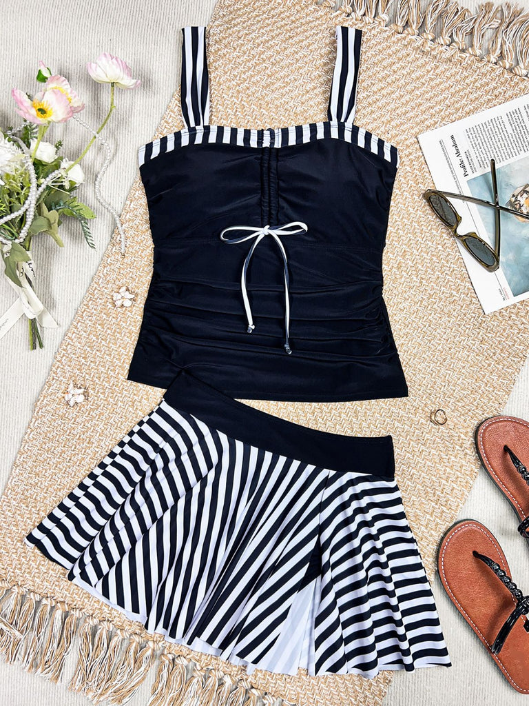 Set Tankini Nero a Righe Color Block con Arricciatura Anni '50 5