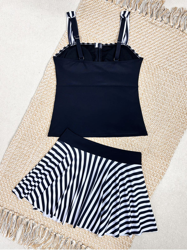 Set Tankini Nero a Righe Color Block con Arricciatura Anni '50 6