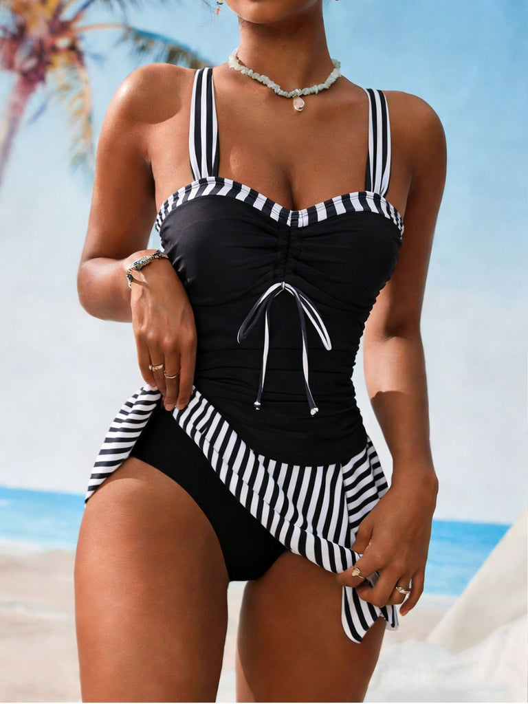 Set Tankini Nero a Righe Color Block con Arricciatura Anni '50 4