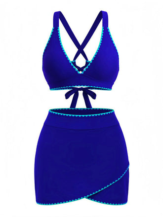 2PCS Set Bikini Blu con Bordo a Contrasto e Copricostume Anni '50 2
