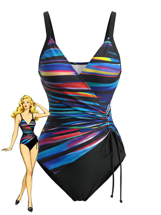 Costume Intero Blu a Righe Color Block con Coulisse Anni '40