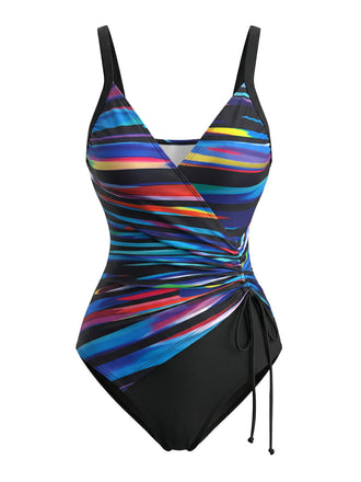 Costume Intero Blu a Righe Color Block con Coulisse Anni '40 2