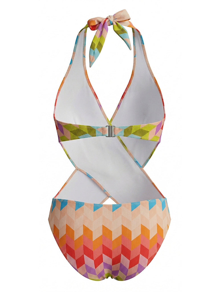 Costume da Bagno 2PCS Multicolore Geometrico Halter Bohemien Anni '70 4
