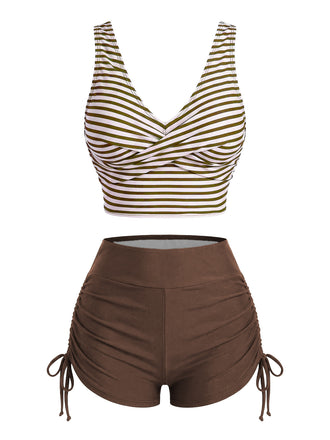 Set Tankini Marrone Anni '50 a Righe con Incrocio e Coulisse
