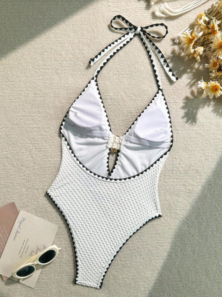 Costume da Bagno Halter Metallizzato Decor Testurizzato - Bianco Anni '50 3