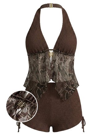 [Prevendita] Costume da Bagno Halter Trasparente Ricamato in Rete - Marrone Anni '60