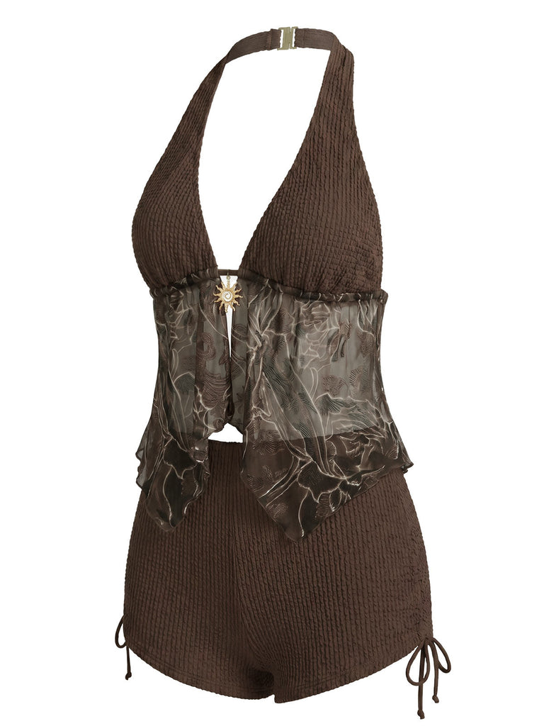 [Prevendita] Costume da Bagno Halter Trasparente Ricamato in Rete - Marrone Anni '60 3