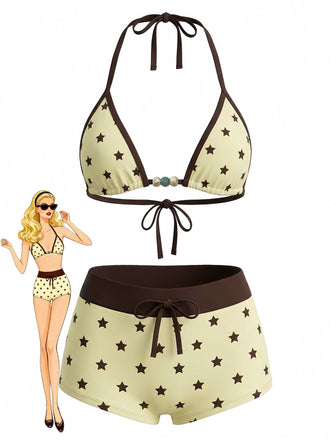 con Nodo Halter con Perline a Pois Swimwear Set Anni '50