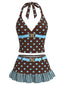 Set Tankini Marrone Scuro Anni '50 a Pois Con Scollo All'americana