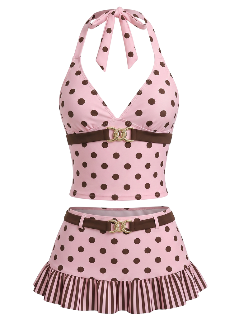 Set Tankini Marrone Scuro Anni '50 a Pois Con Scollo All'americana