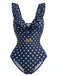 Costumi Intero Blu Scuro Anni '50 a Pois con Volant Scollo a V