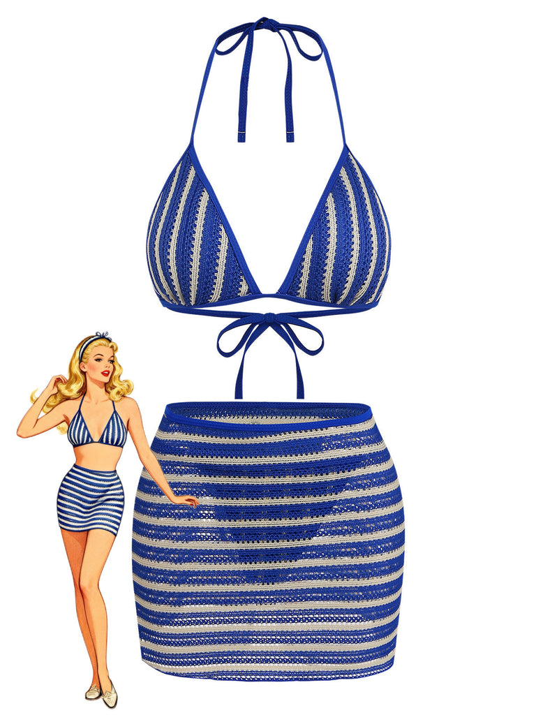 3 Pezzi Blue con Allacciatura al Collo Righe Set Bikini & Copricostume Anni '60