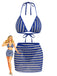 3 Pezzi Blue con Allacciatura al Collo Righe Set Bikini & Copricostume Anni '60