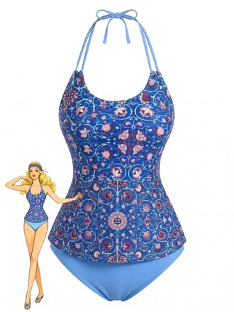 Set Tankini Halter con Stampe Floreali Retro Anni '40