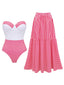 2PCS Costumi Intero Rosa Anni '40 a Righe con Senza Spalline e Copricostume