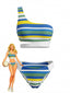 Set Bikini Blu Anni '40 a Righe con Monospalla e Intaglio