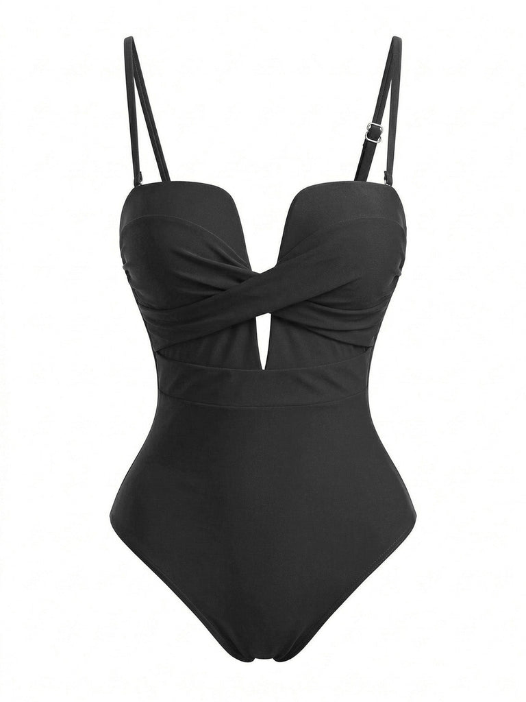 Costume da Bagno Drappeggio Anteriore Tropicale Leaf con Stampa Anni '50 5