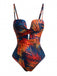 Costume da Bagno Drappeggio Anteriore Tropicale Leaf con Stampa Anni '50