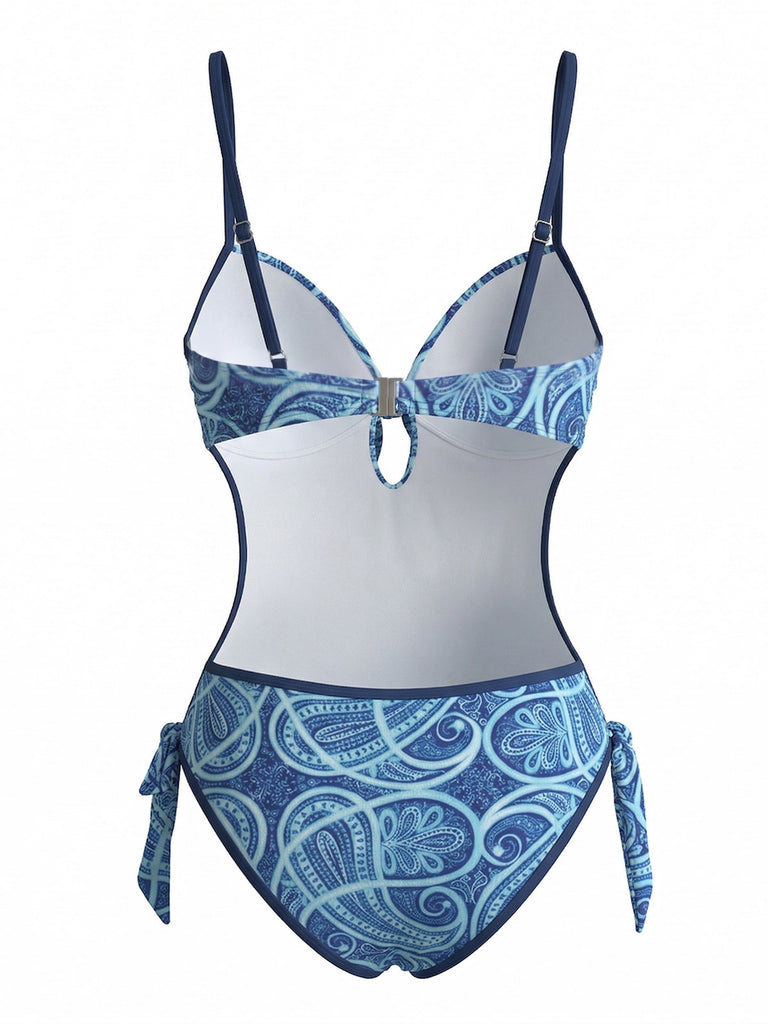 Costumi Intero Blu Anni '70 Bohemien a Stampa Cachemire con Cut-Out