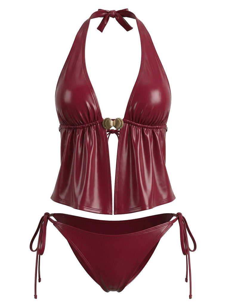 Costume da Bagno Finto Leather Halter con Conchiglie - Rosso Anni '40 2
